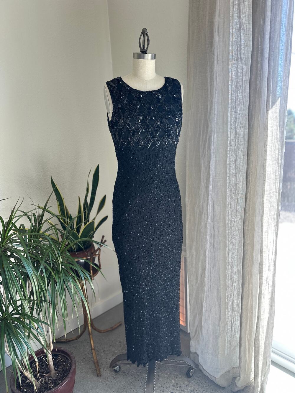 Laurence Kagar Women’s L Gown Black Silk Beaded Evening Gown Maxi 90s Formal